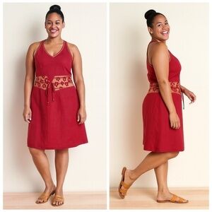 Vintage Y2K Yves Cossette Depeche Mode Red Linen Halter Embroidered Dress Sz 16